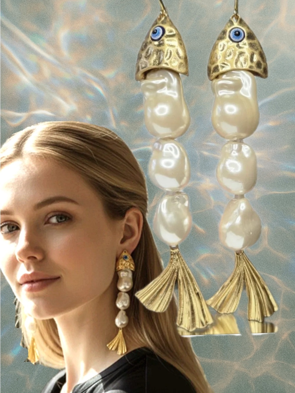 18k Gold Plated Baroque Freshwater Pearl Fish Dangle Earrings for Pierced Ears